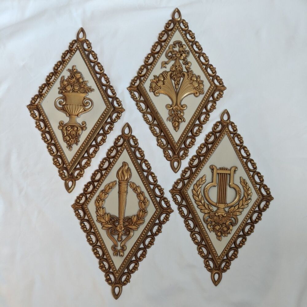 Homco Set of 4 Vintage Gold Diamond Shaped Wall Plaques 7224 7225 7226 7227